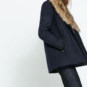 Navy blue wool coat with removable fur collar. XS